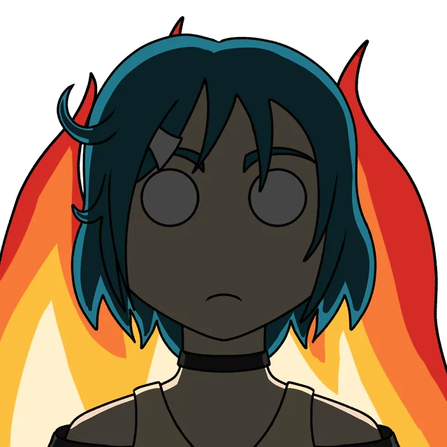 Mary's character with dark glasses in front of flames